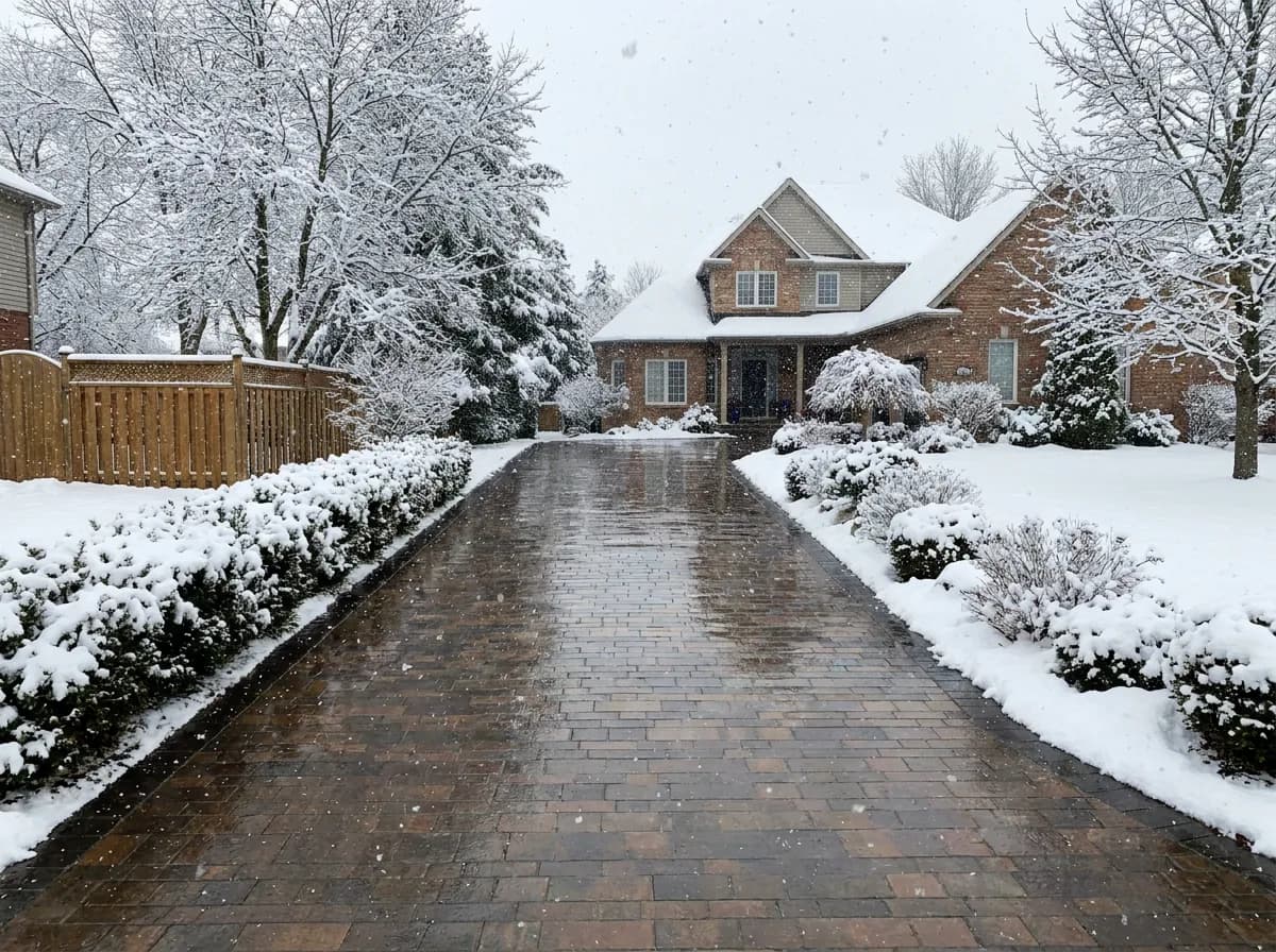 A large brick house with a paved driveway and snow-covered trees and bushes during a winter snowfall.